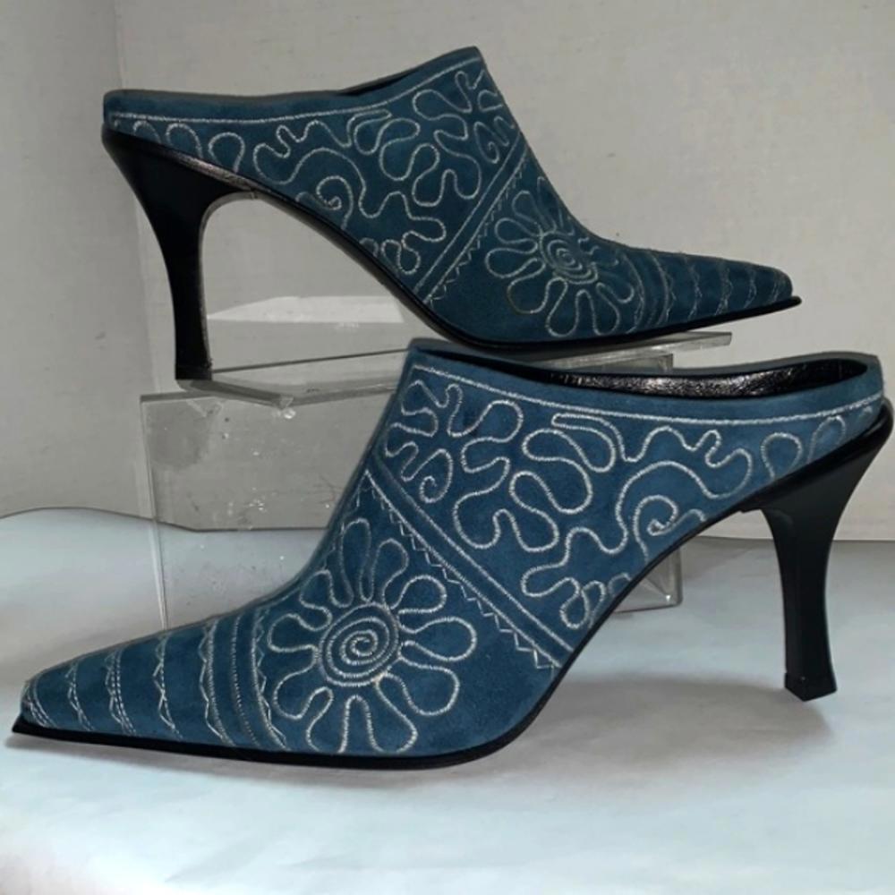 VTG VIA SPIGA GENTILE TRIBAL SUEDE DENIM 10M MULES HEELS SQUARE TOE NWT Y2K 90’s